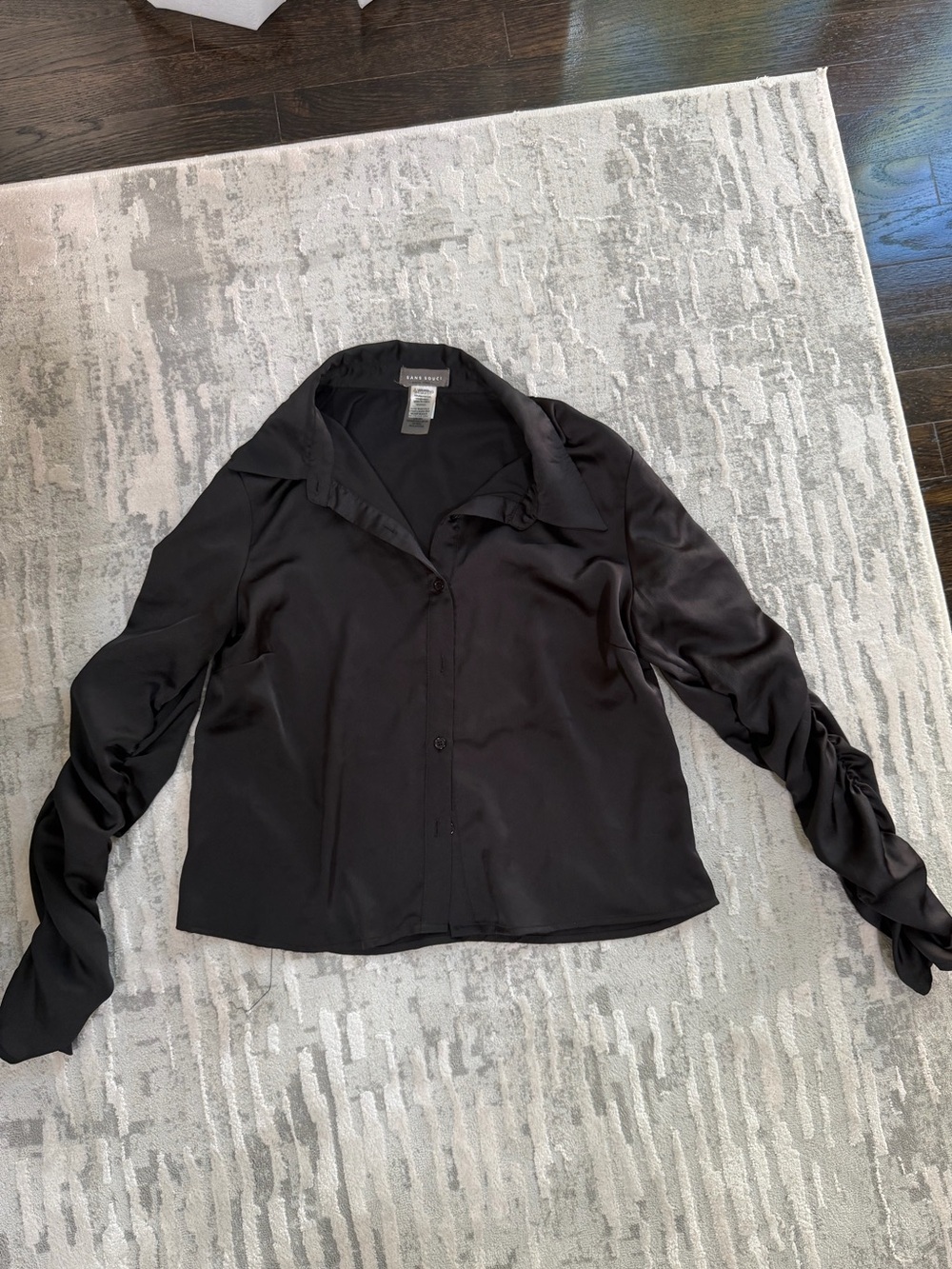 Sans Souci Black Satin Button-Down Shirt with Ruched Sleeves